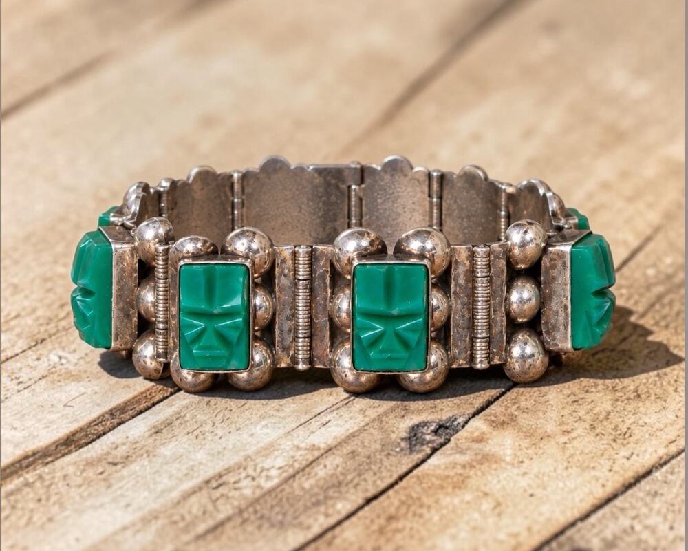 Vintage Mexican Sterling Silver Carved Green Onyx Bracelet Taxco Style 45g 7.5”